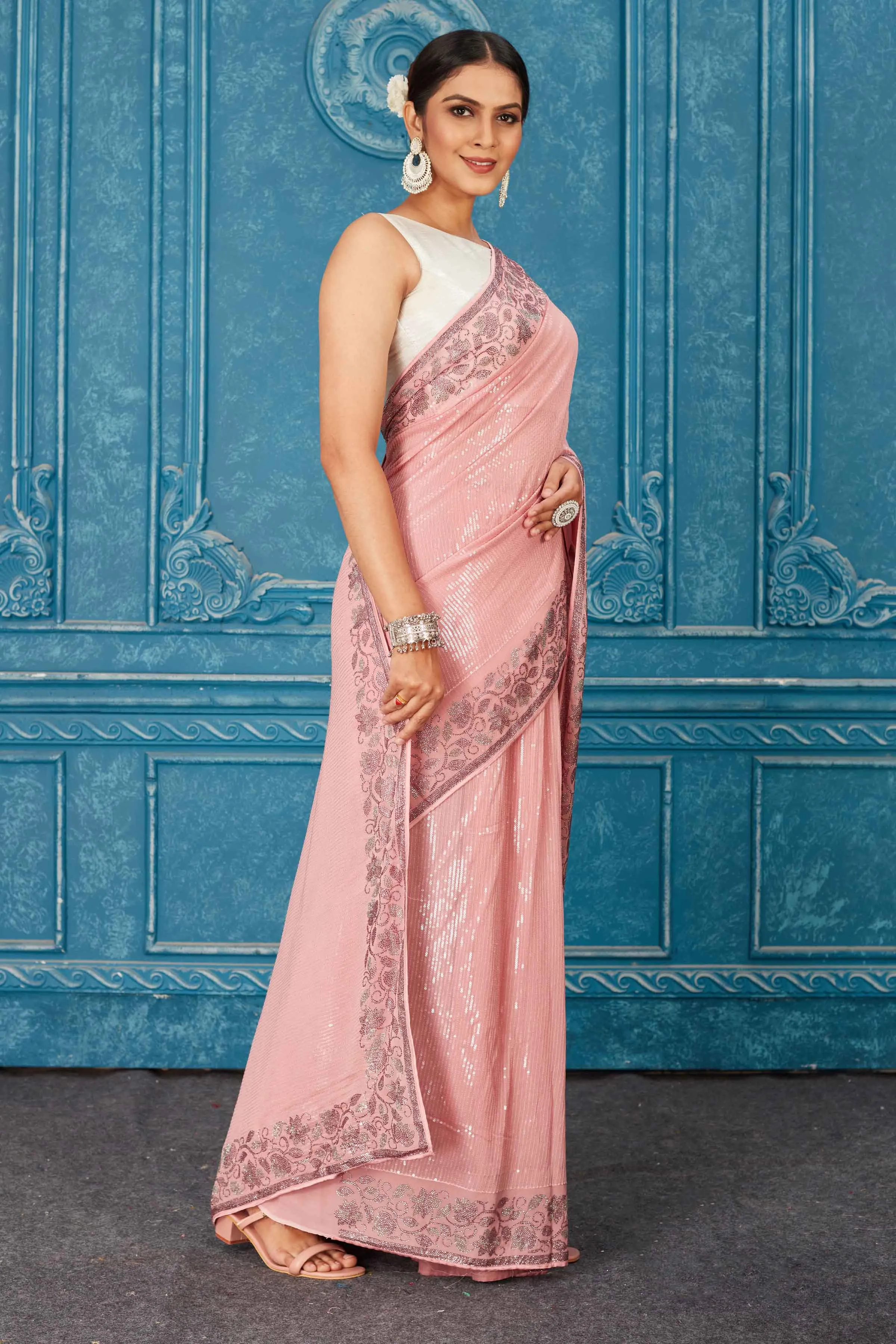 91A480 Light Pink Sequin Saree with Stone Work