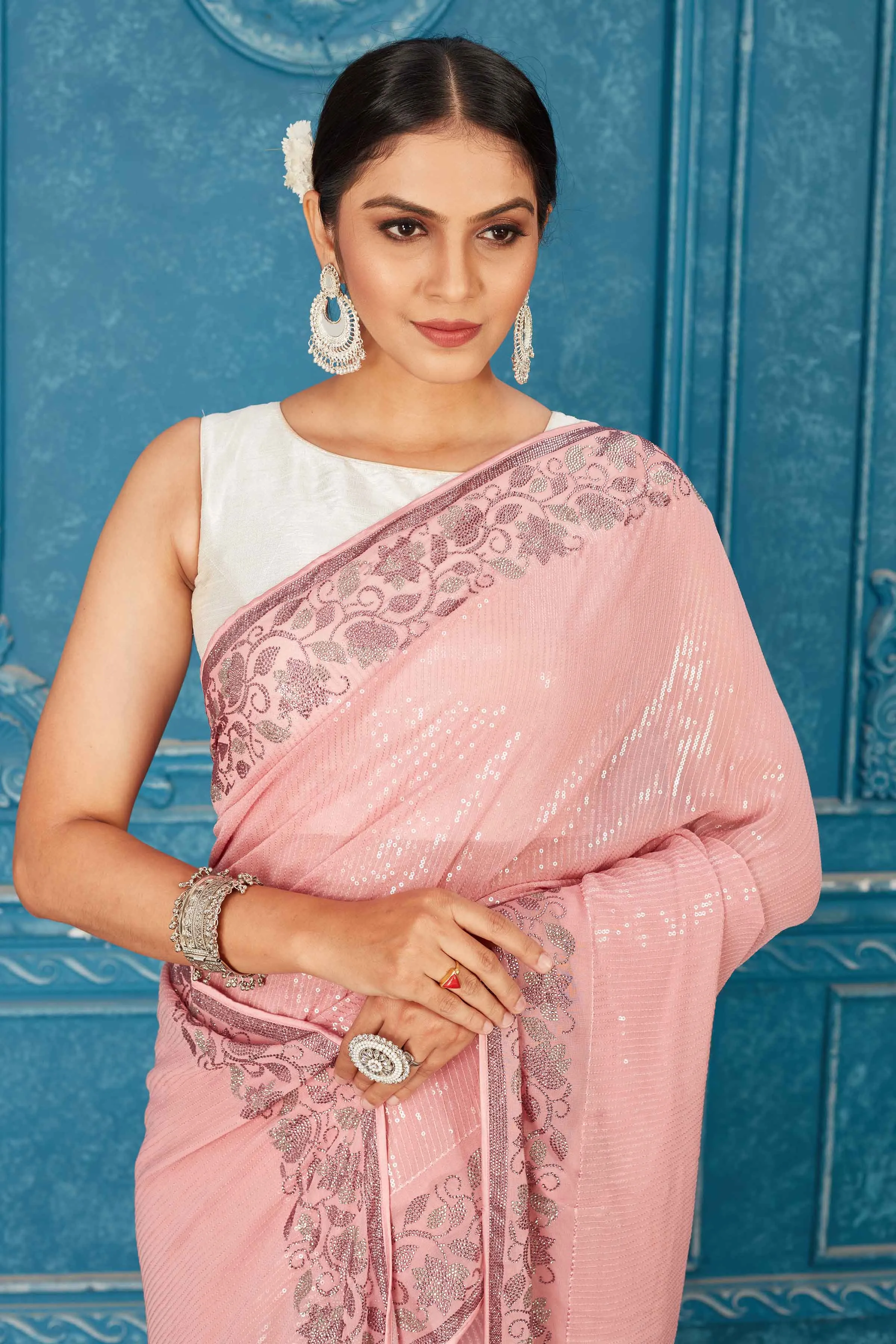 91A480 Light Pink Sequin Saree with Stone Work