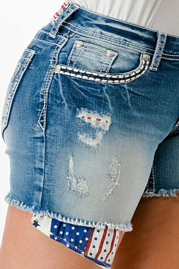 Americana Patch Work Mid Rise Denim Shorts