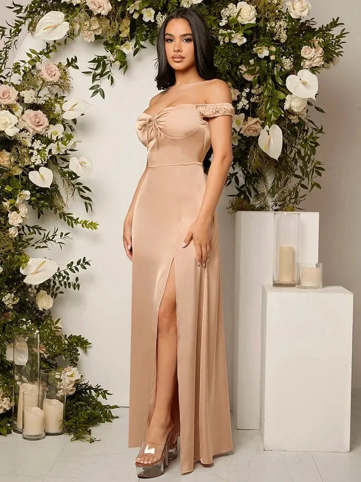 Belle off shoulder tie front split thigh bridesmaid dress in nude