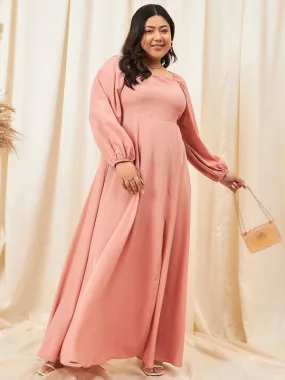 Berrylush Curve Women Solid Peach Square Neck Crepe Thigh-High Slit Flared A-Line Maxi Dress