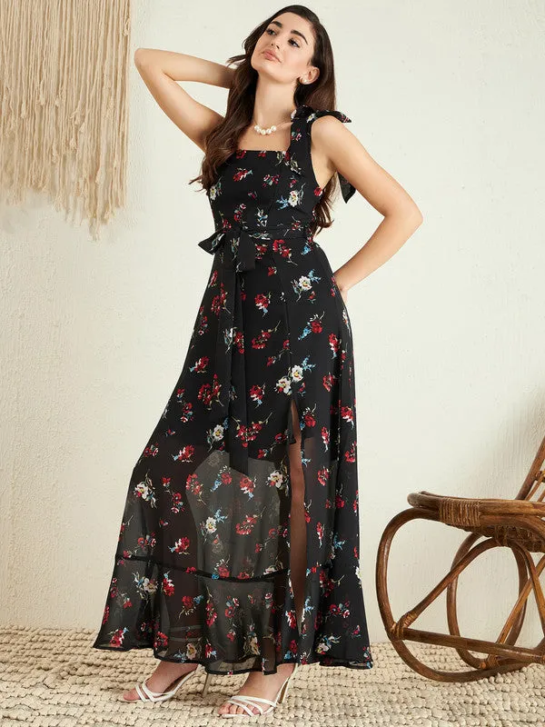 Berrylush Women Black, Red, & White Floral Printed Square Neck Waist Tie-Up Cutout Georgette Thigh-High Slit Flared A-Line Maxi Dress