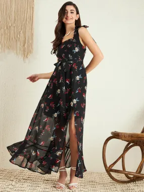 Berrylush Women Black, Red, & White Floral Printed Square Neck Waist Tie-Up Cutout Georgette Thigh-High Slit Flared A-Line Maxi Dress