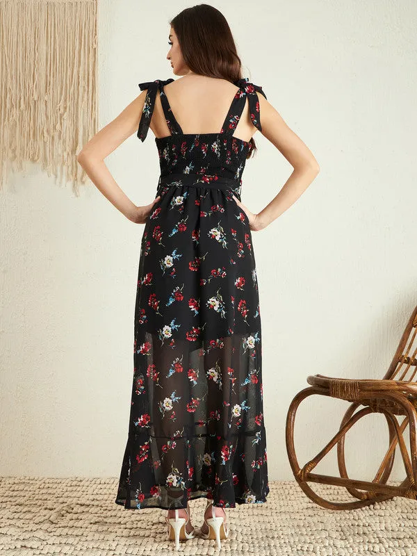 Berrylush Women Black, Red, & White Floral Printed Square Neck Waist Tie-Up Cutout Georgette Thigh-High Slit Flared A-Line Maxi Dress