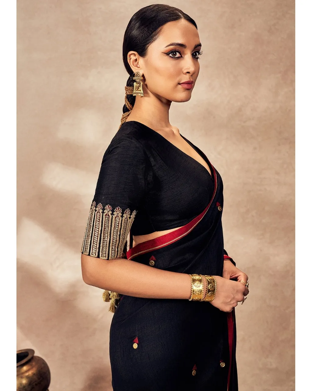 Black Coin Work Sari Set