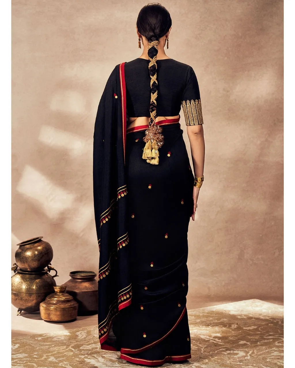 Black Coin Work Sari Set