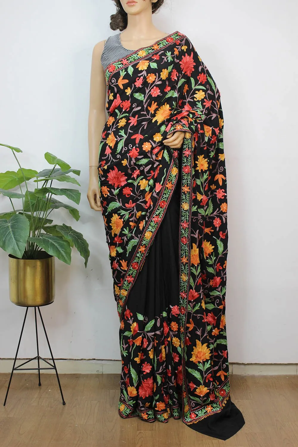 Black Embroidered Kashmiri Aari Work Crepe Saree