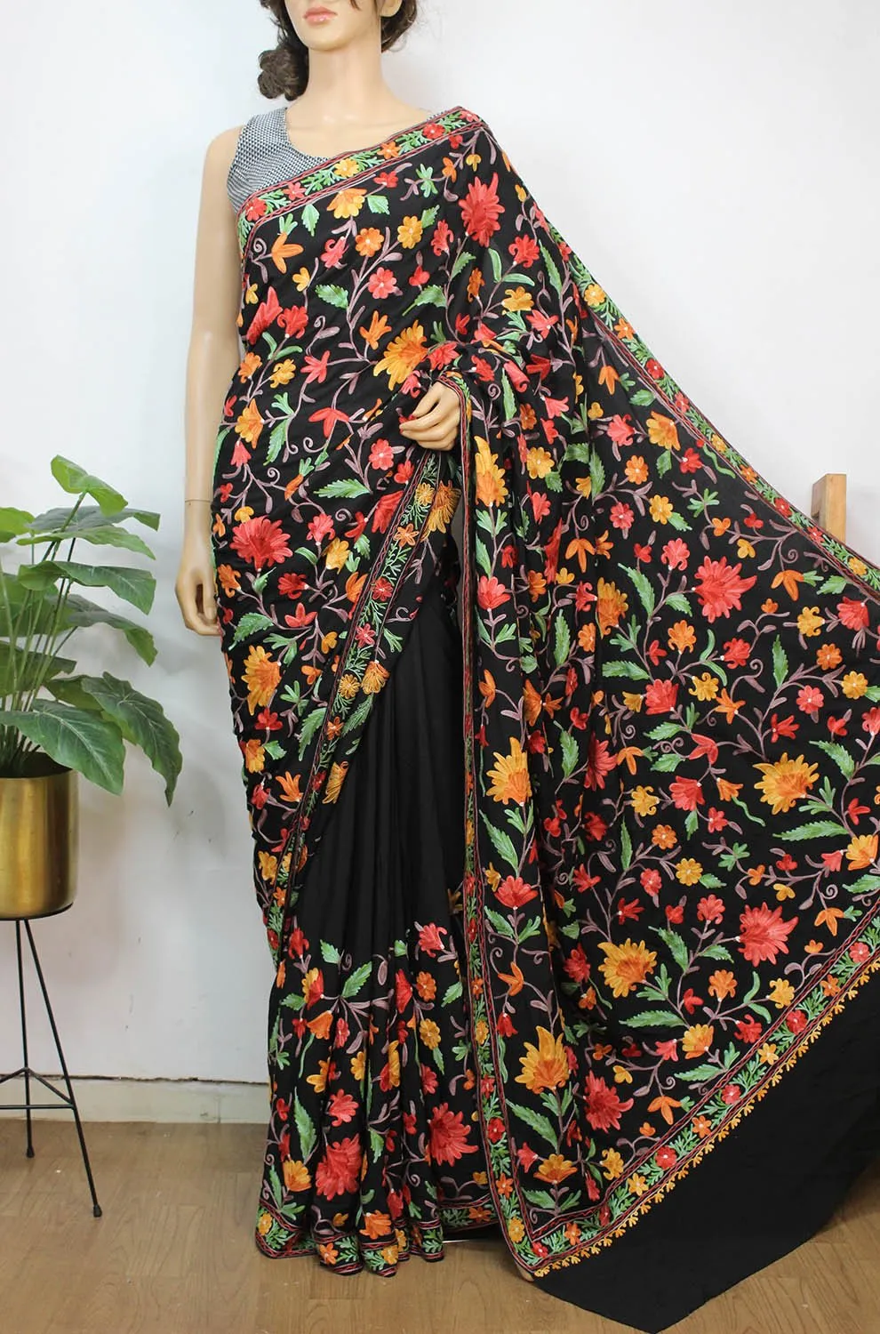 Black Embroidered Kashmiri Aari Work Crepe Saree