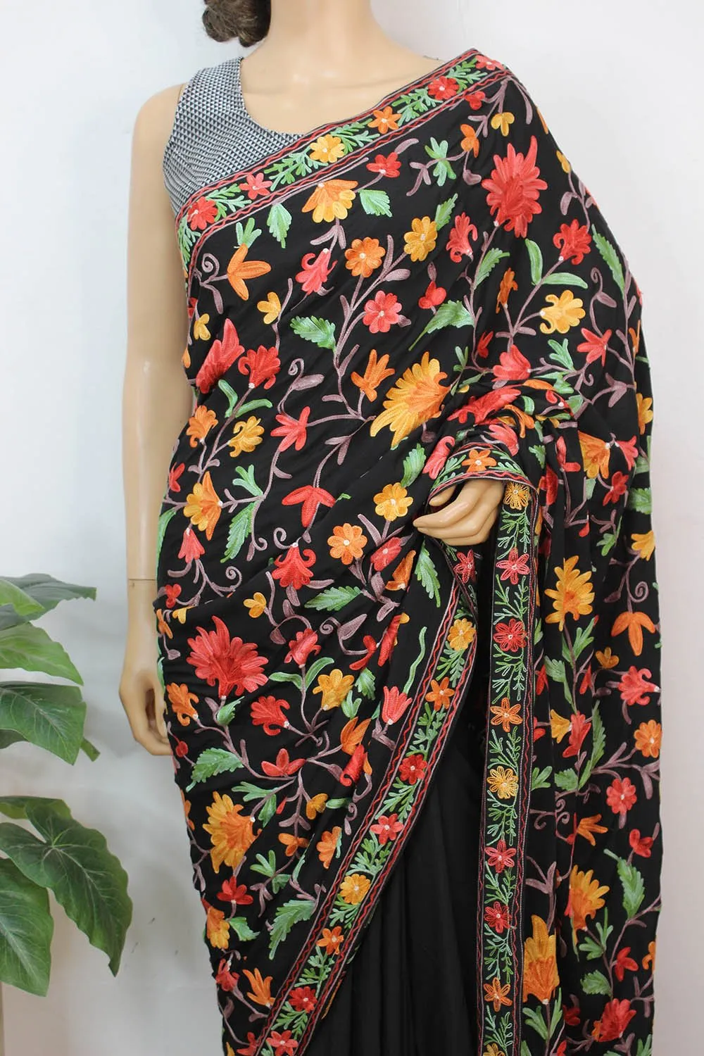 Black Embroidered Kashmiri Aari Work Crepe Saree