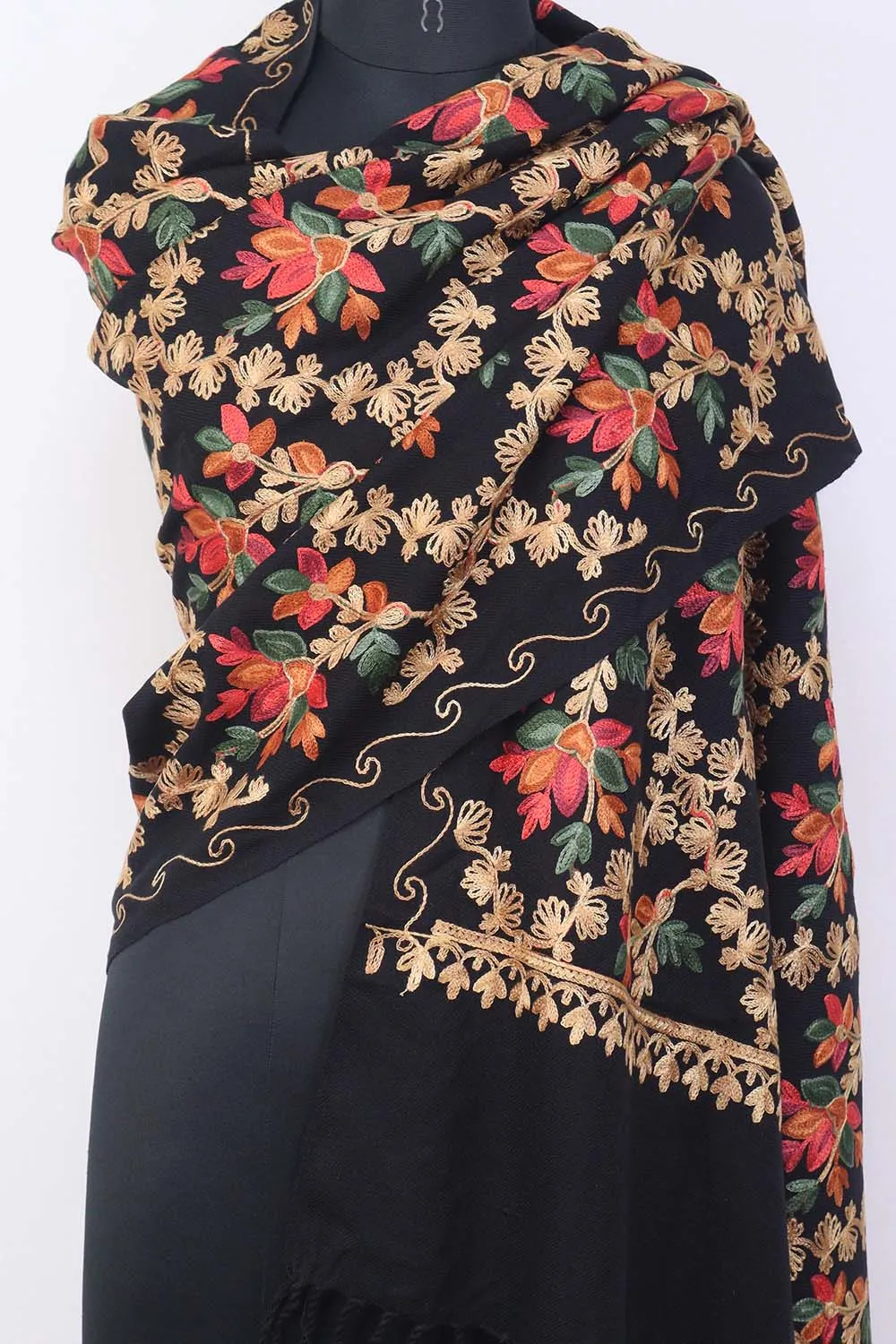 Black Embroidered Kashmiri Aari Work Woollen Stole