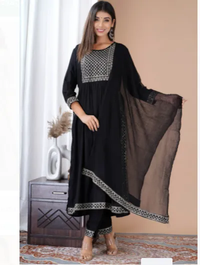 Black Schiffli work Salwar Suit Dupatta Set