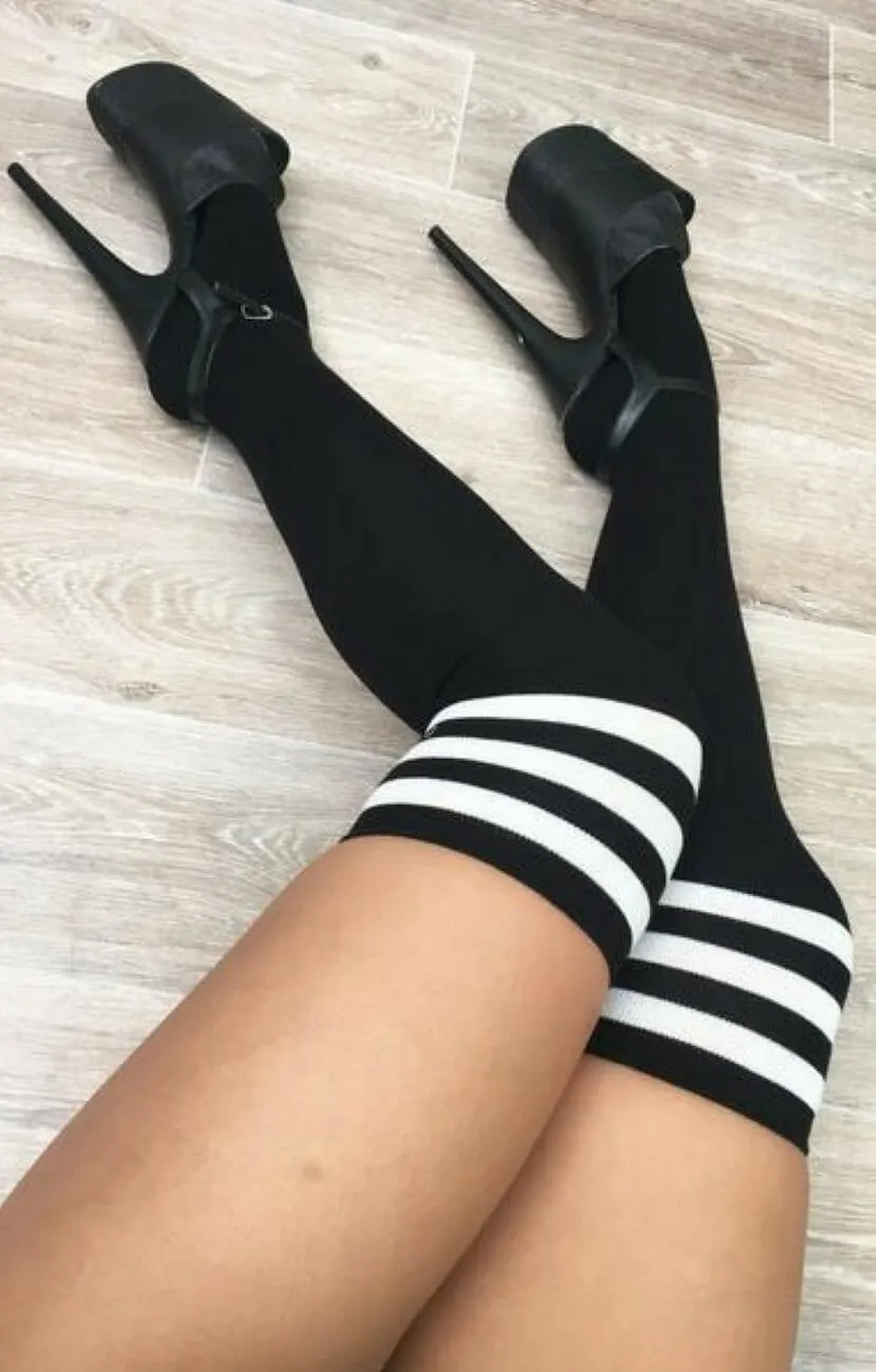 Black Thigh High Socks with White Stripe