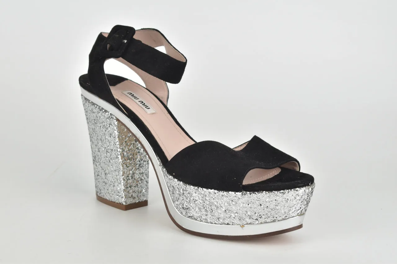 Black/Silver Glittery Ankle Strap Pumps