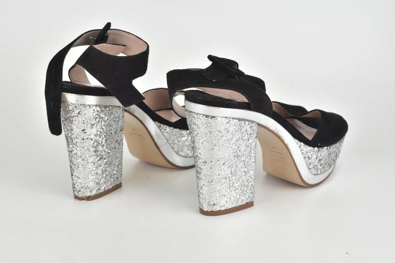 Black/Silver Glittery Ankle Strap Pumps