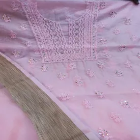 Blush Pink Chinkari work Organza Salwar Kurti Fabric