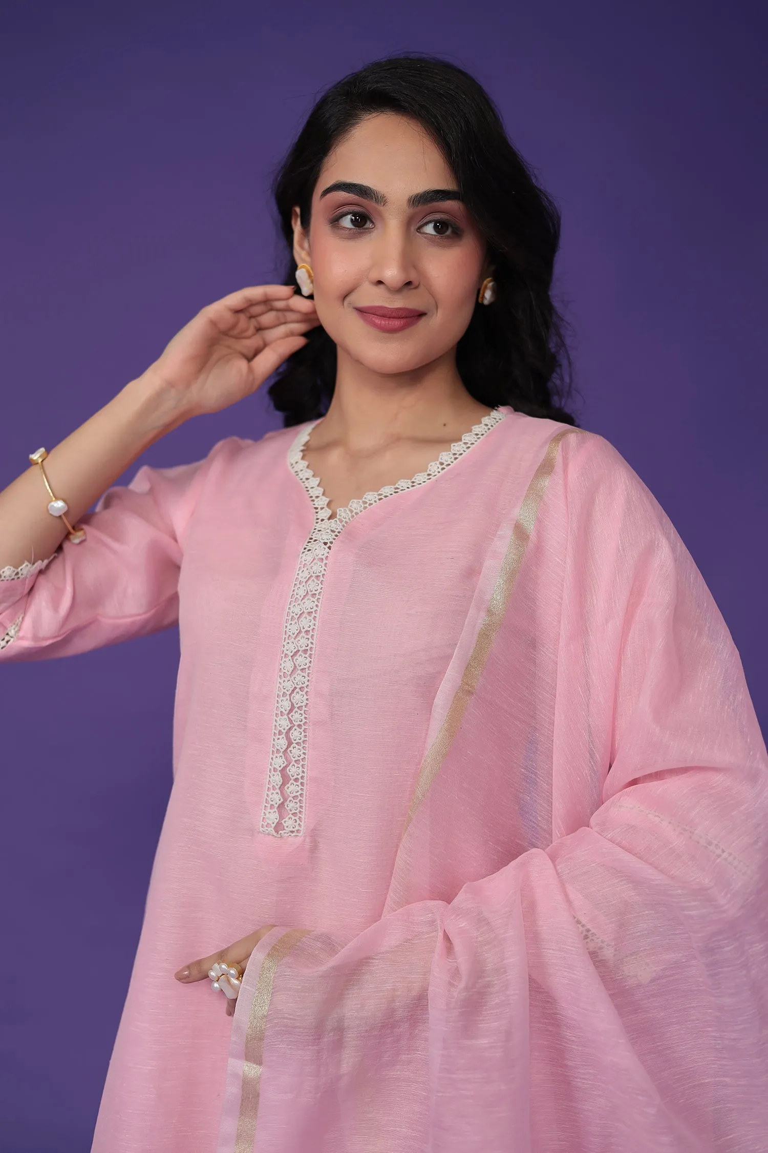 Chanderi Kurta Set Stitched with Embroidered work