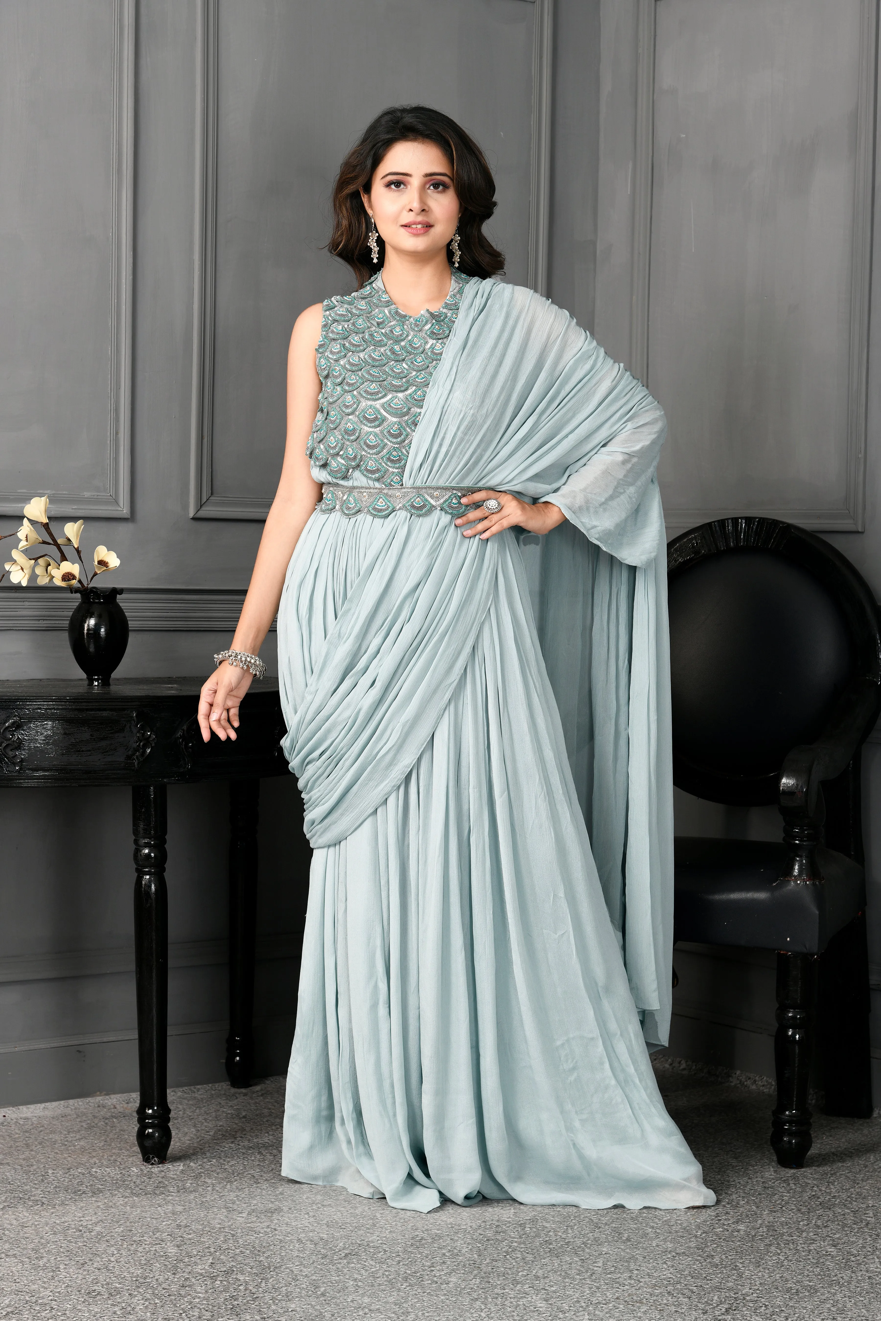 Chinon One Piece Drape Saree with Beads Work,Cutdana Work and Sippi Work