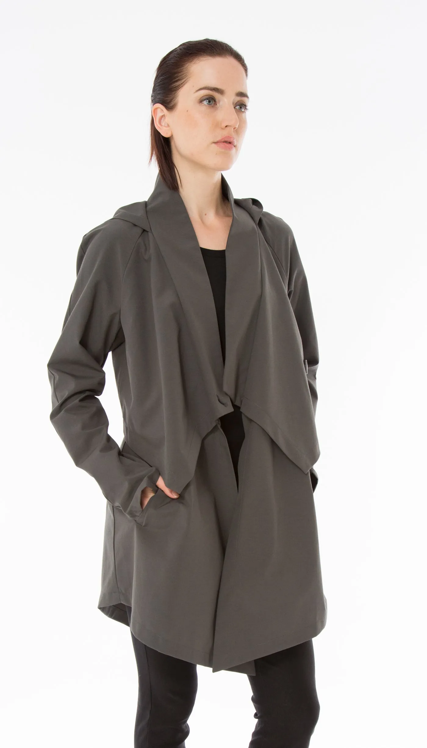 Convertible Hood Asymmetrical Rain Jacket/ Black