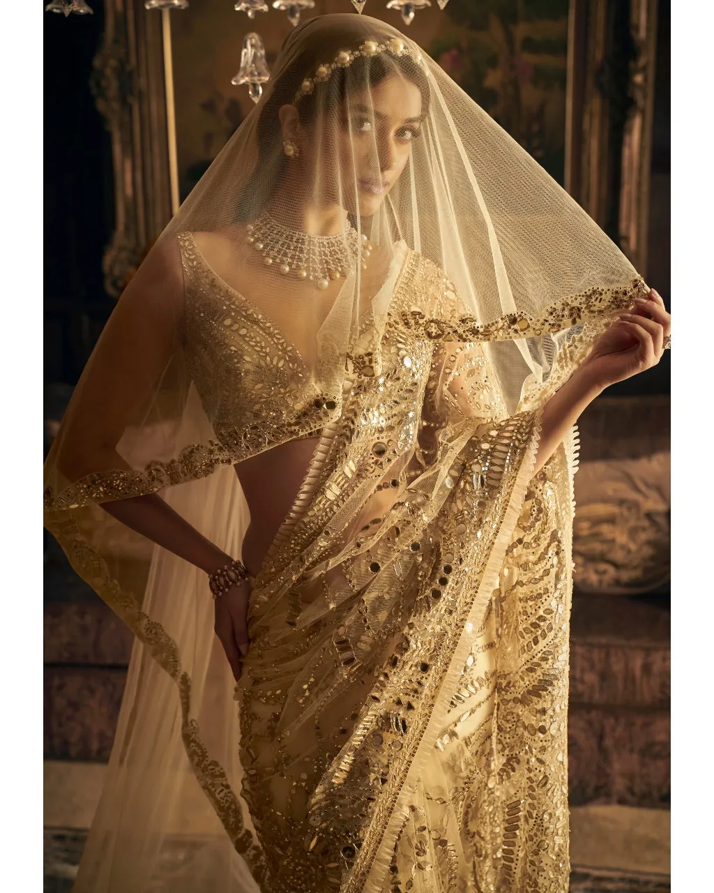 Cream Gold Mirror Work Sari Set