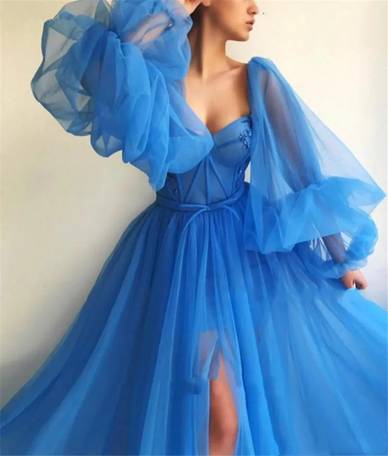 Embroidered Corset Puffy Sleeve Mesh Tulle Ball Gown Thigh Split Bridesmaid Dress