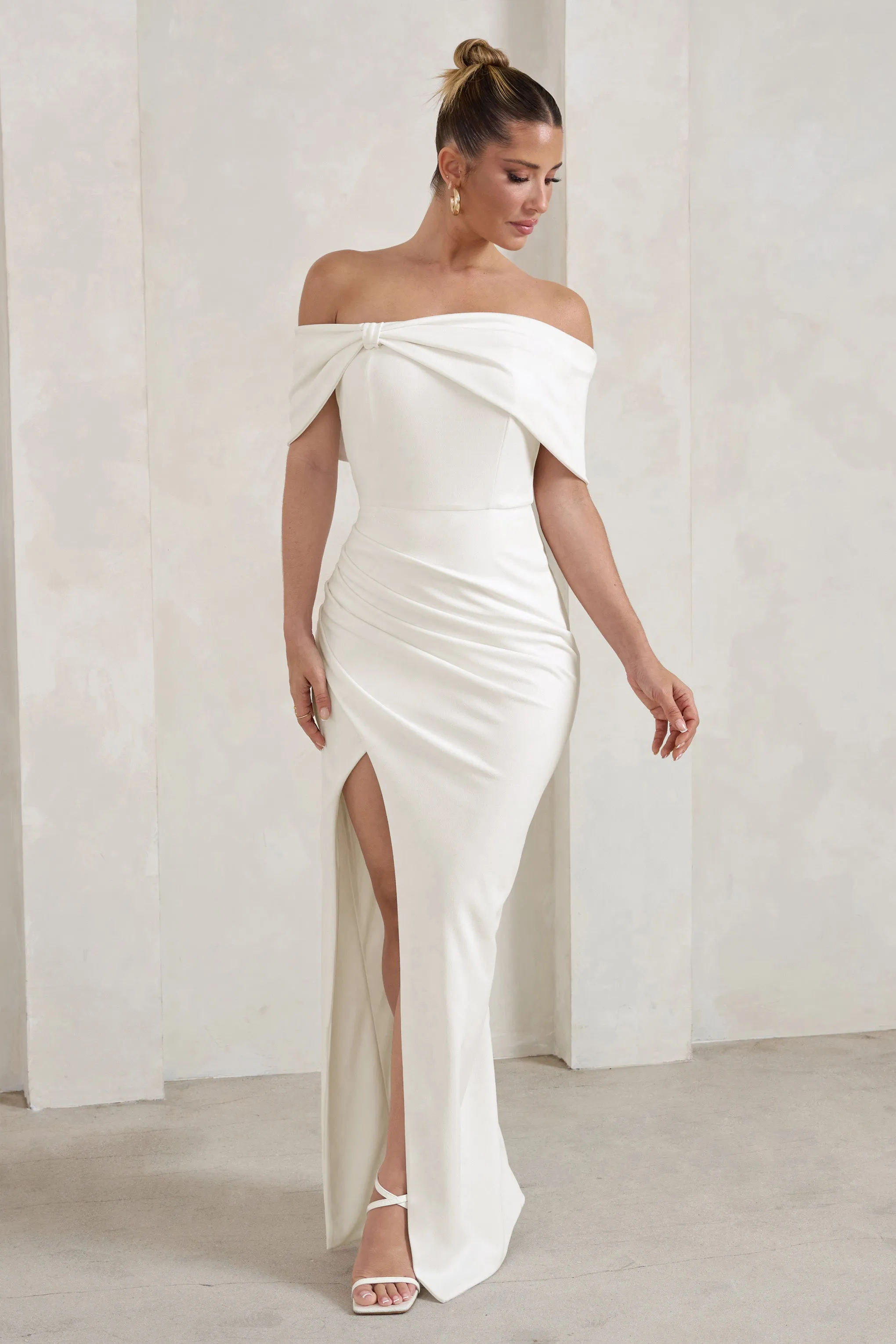 Eva | White Bardot Bow Detail Maxi Dress With Thigh Split