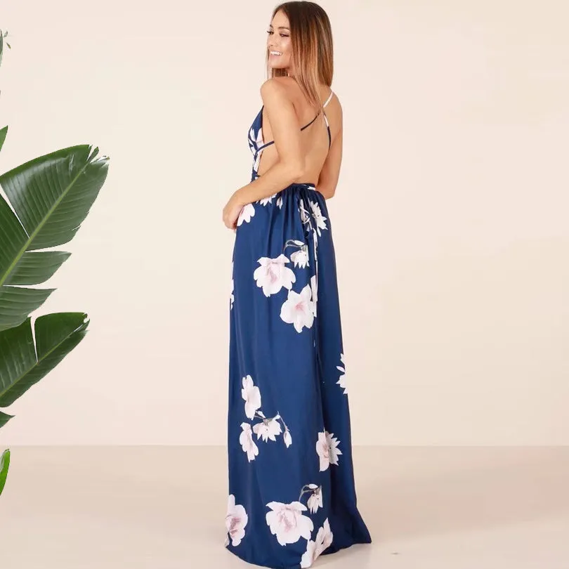 Floral Print Strap Maxi Dress Thigh Split Backless V Neck