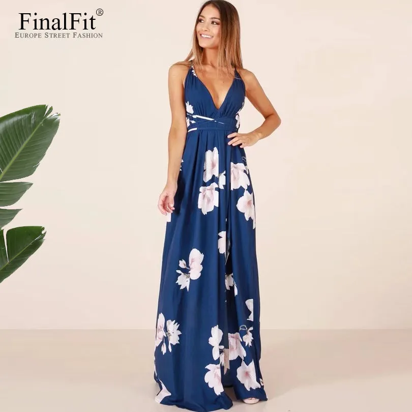 Floral Print Strap Maxi Dress Thigh Split Backless V Neck