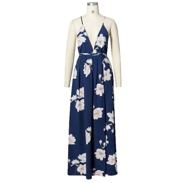 Floral Print Strap Maxi Dress Thigh Split Backless V Neck