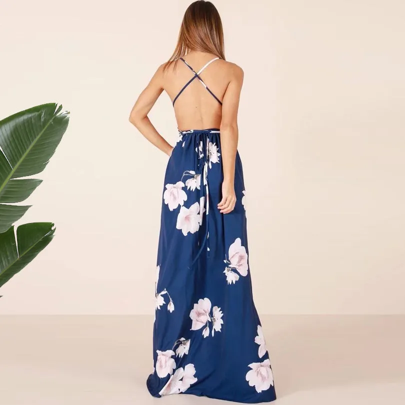 Floral Print Strap Maxi Dress Thigh Split Backless V Neck