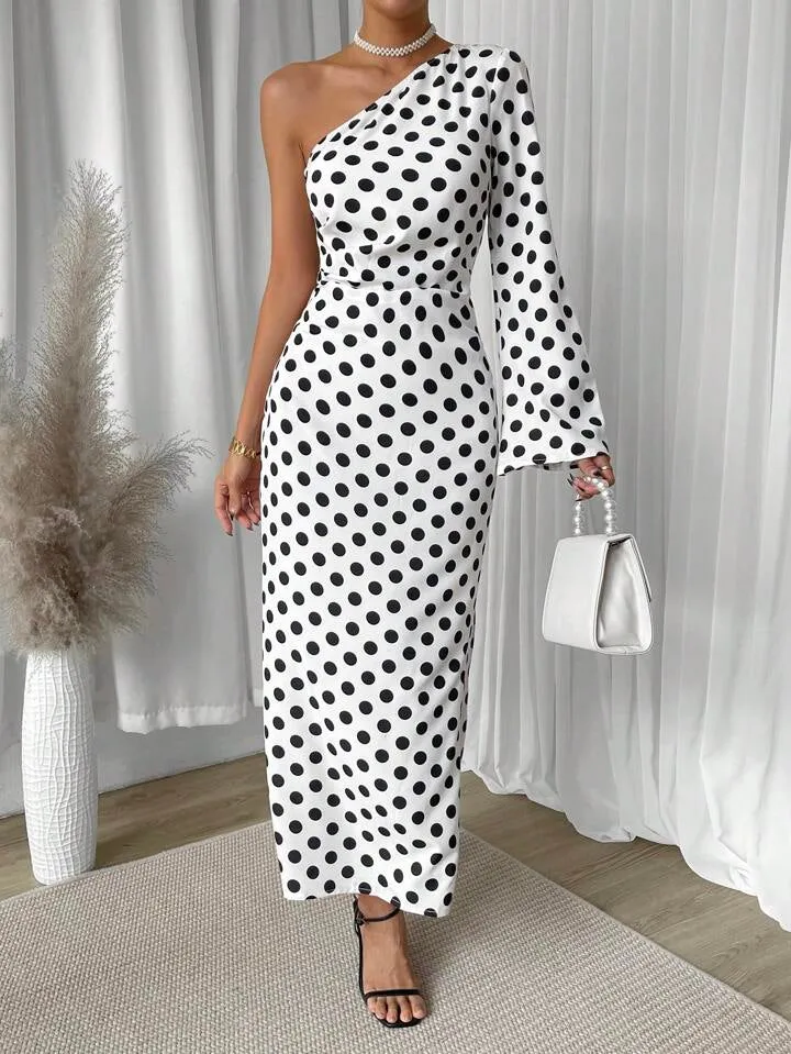 Frenchy polka dot one shoulder trumpet sleeve split thigh dress