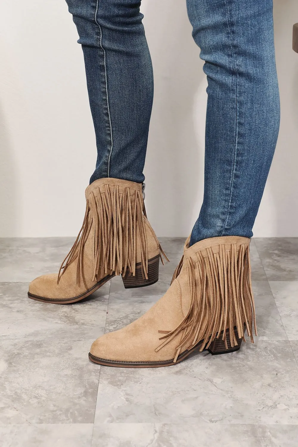 Fringe Cowboy Western Ankle Boots in Tan