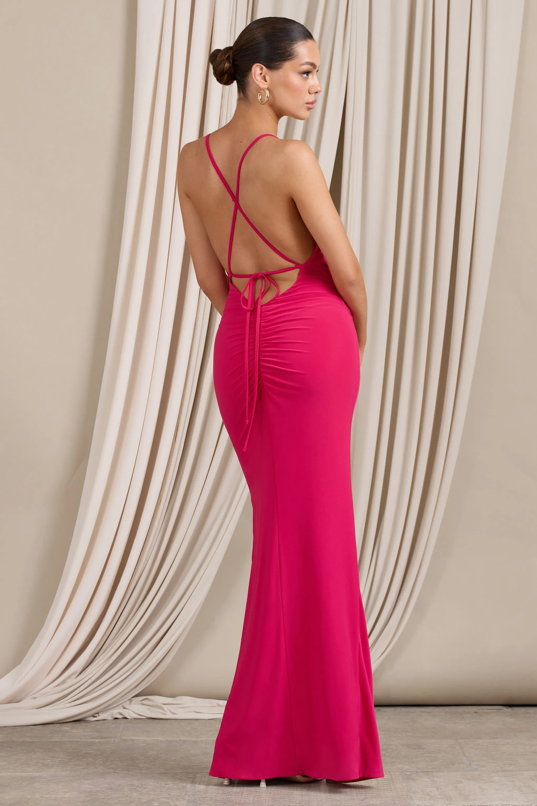 Future Love | Hot Pink Ruched Cowl Maxi Dress With Thigh Split