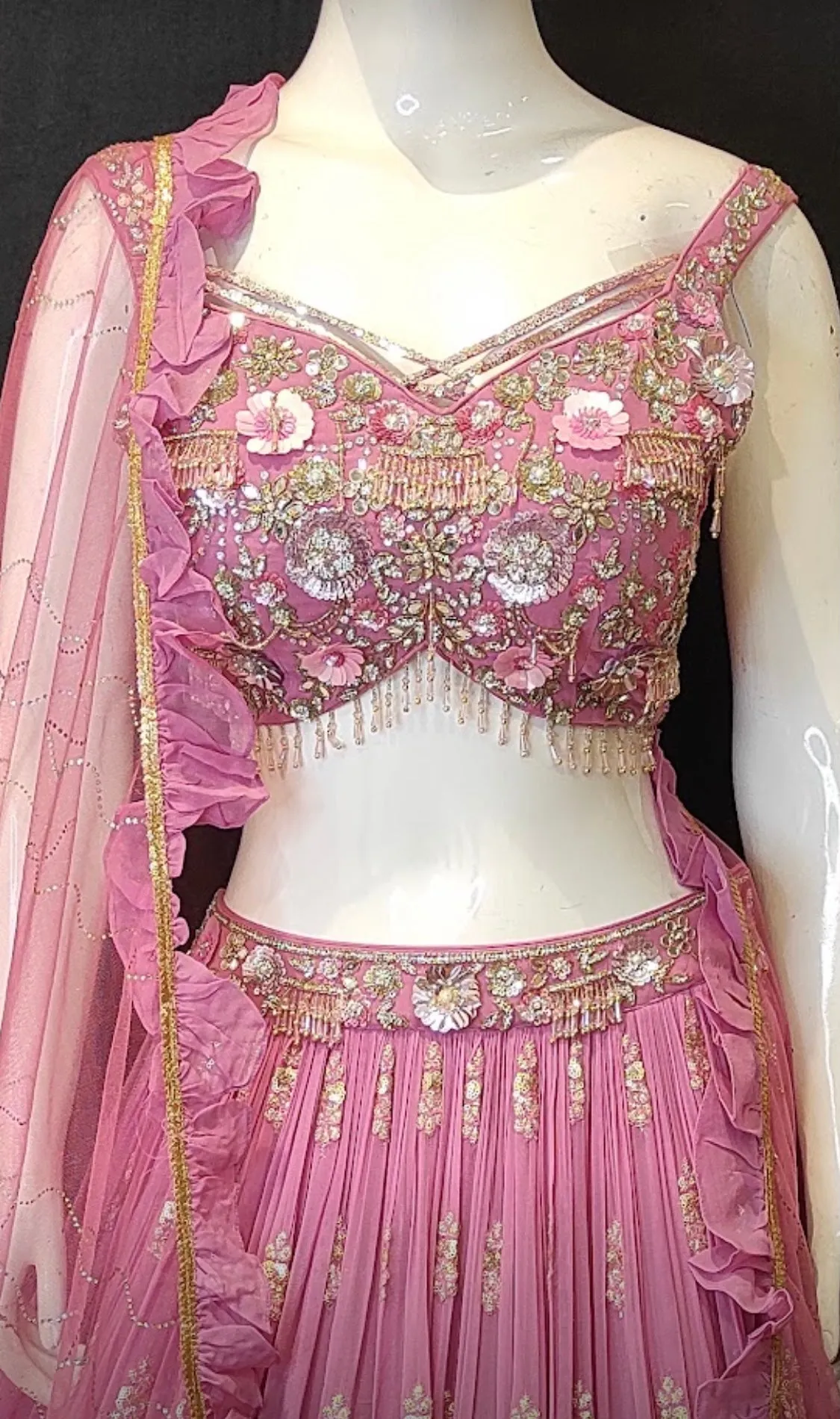 Georgette Lehenga Choli with Zari Work,Swarovski work and Hand Embroidery