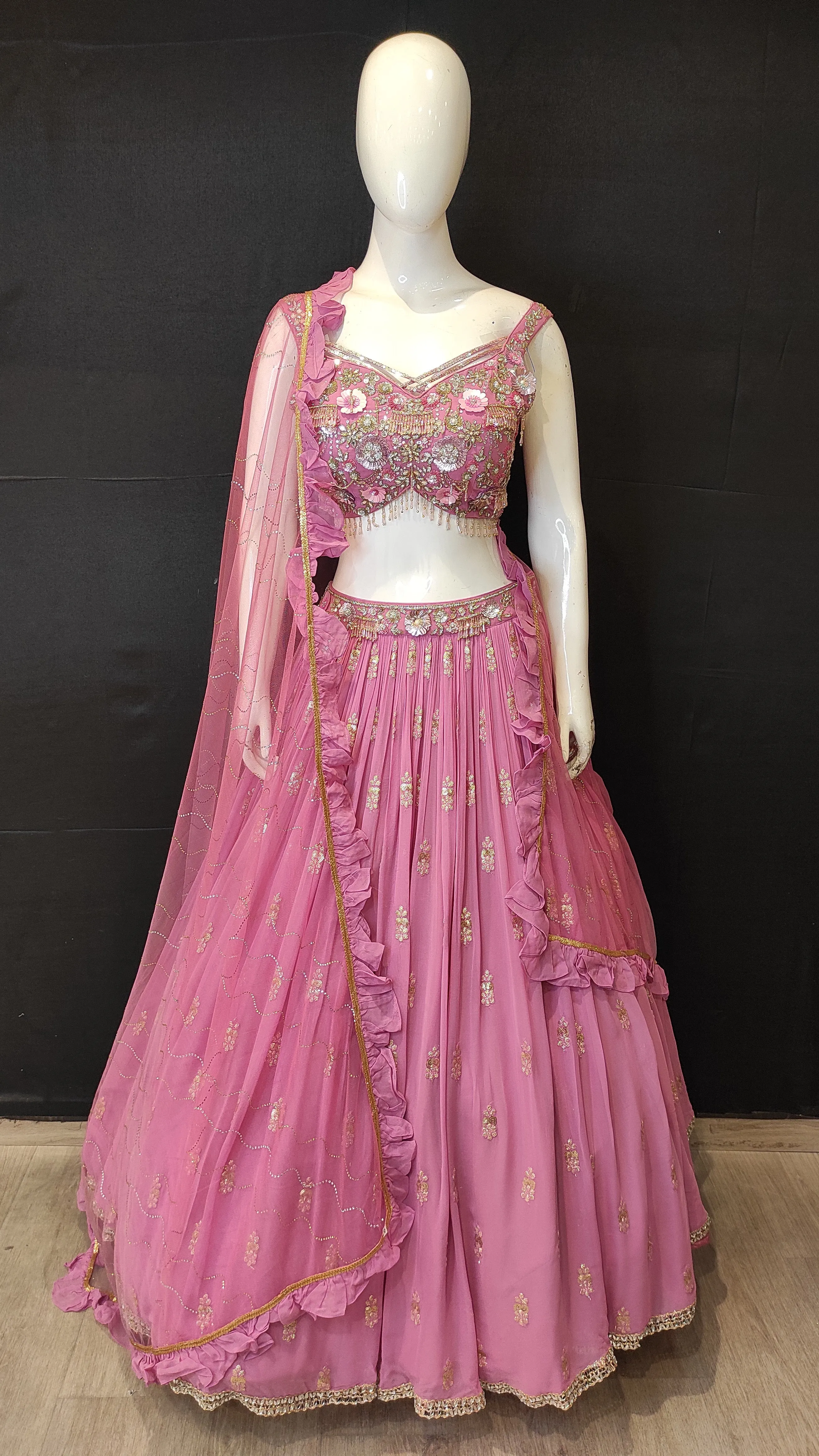 Georgette Lehenga Choli with Zari Work,Swarovski work and Hand Embroidery