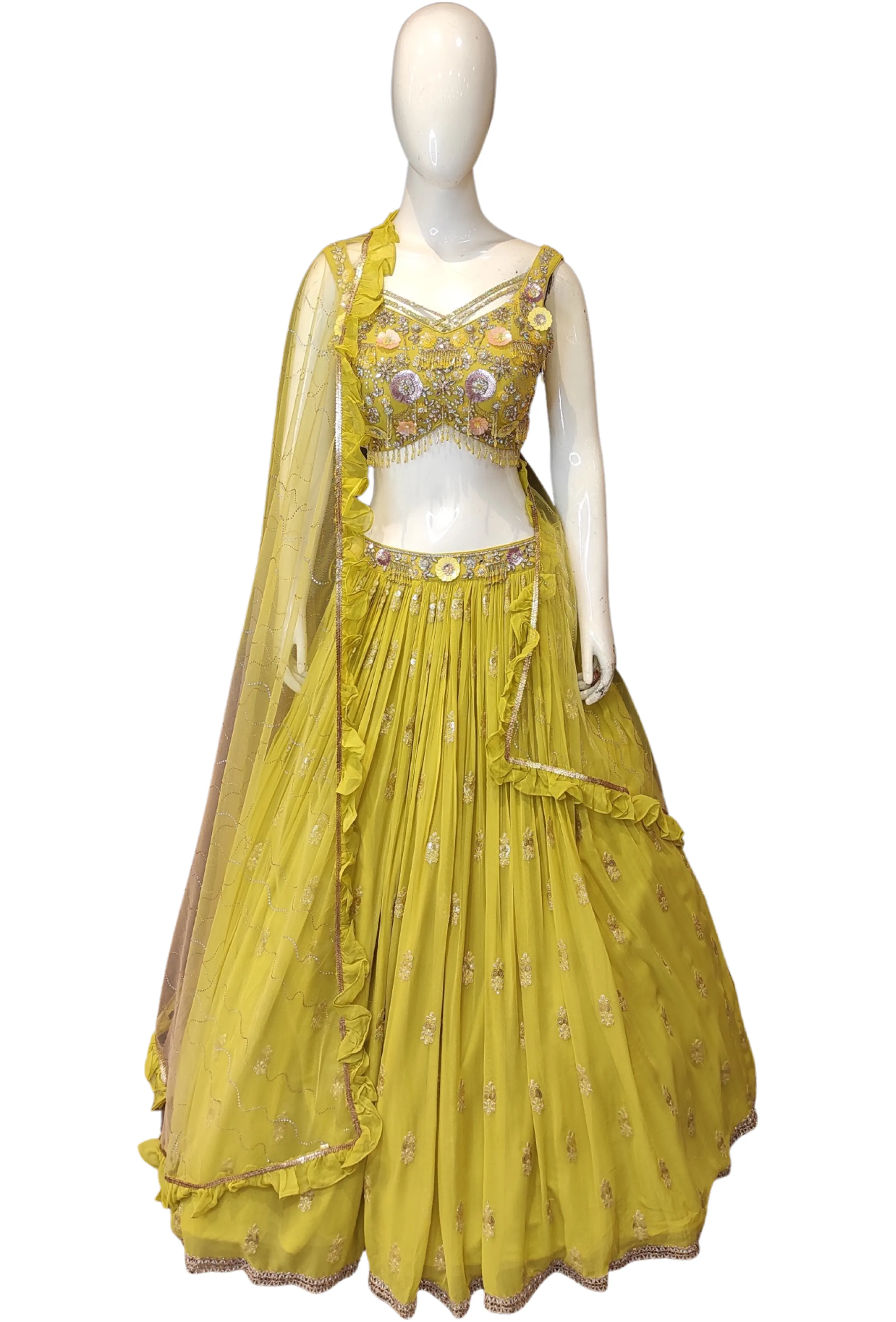 Georgette Lehenga Choli with Zari Work,Swarovski work and Hand Embroidery