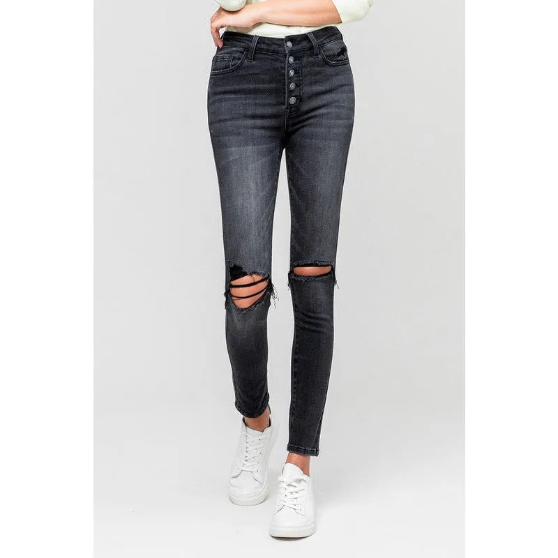 HIGH RISE DISTRESSED BUTTON FLY ANKLE SKINNY