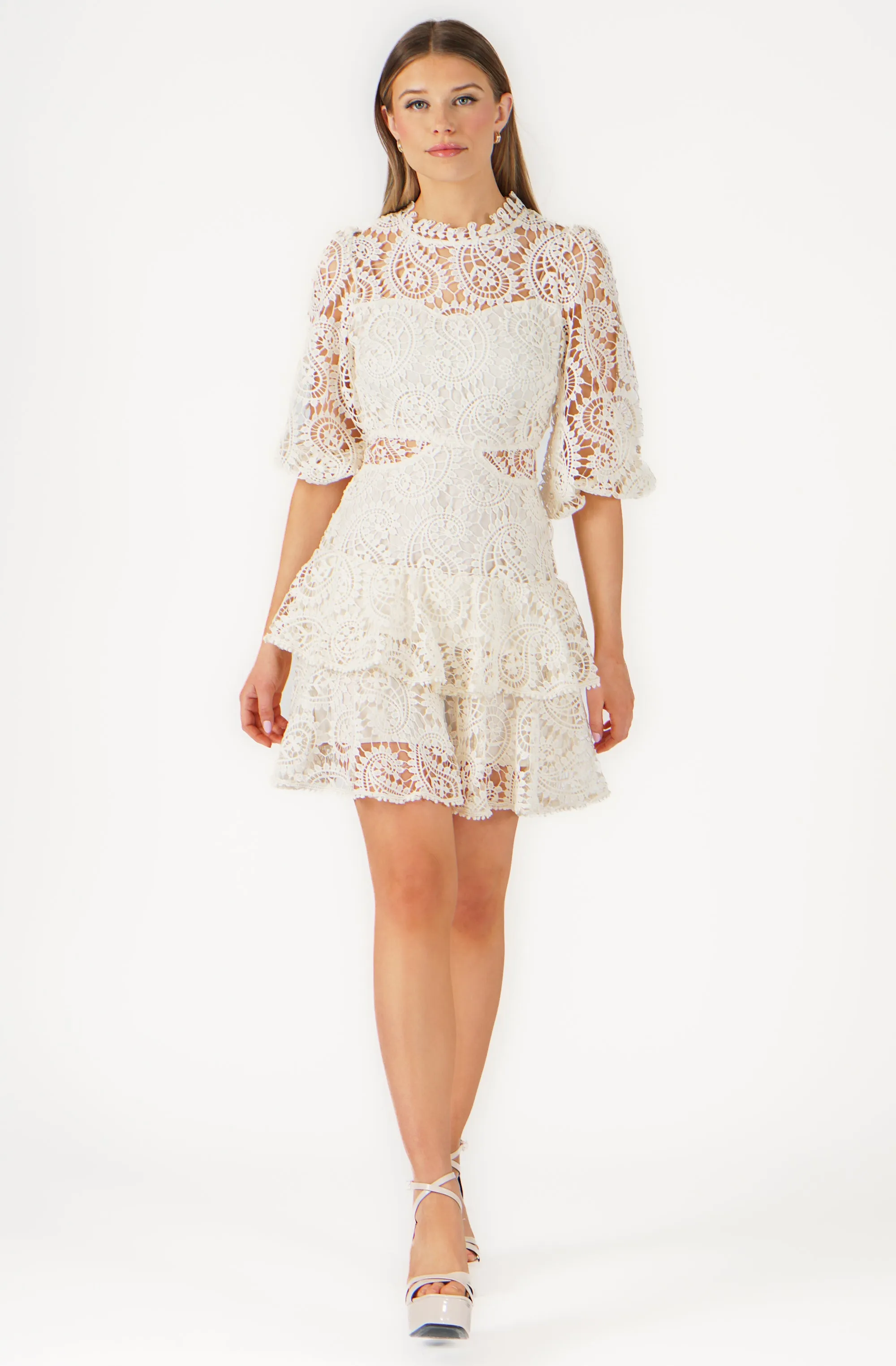 Knee Lenght Embroidered Lace Dress with side cutouts