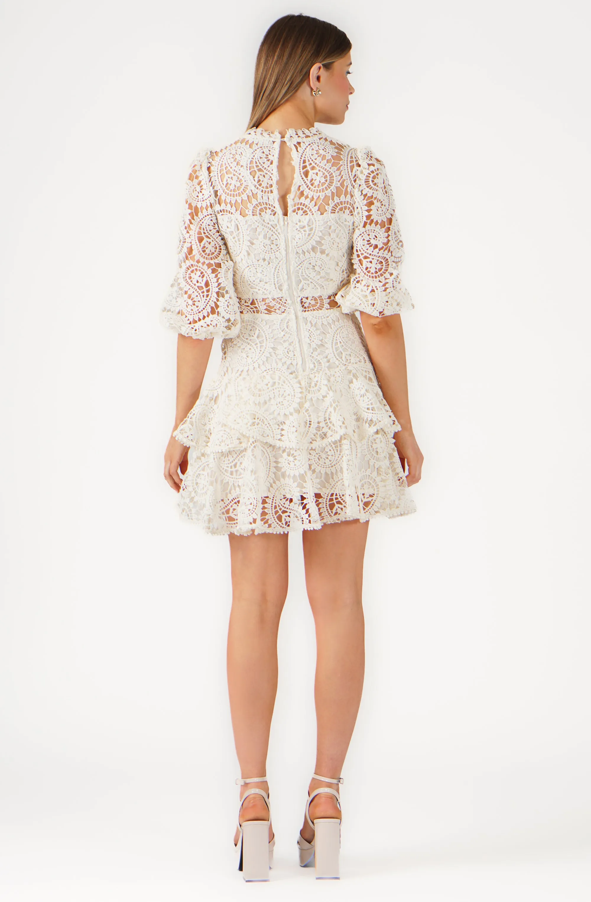 Knee Lenght Embroidered Lace Dress with side cutouts