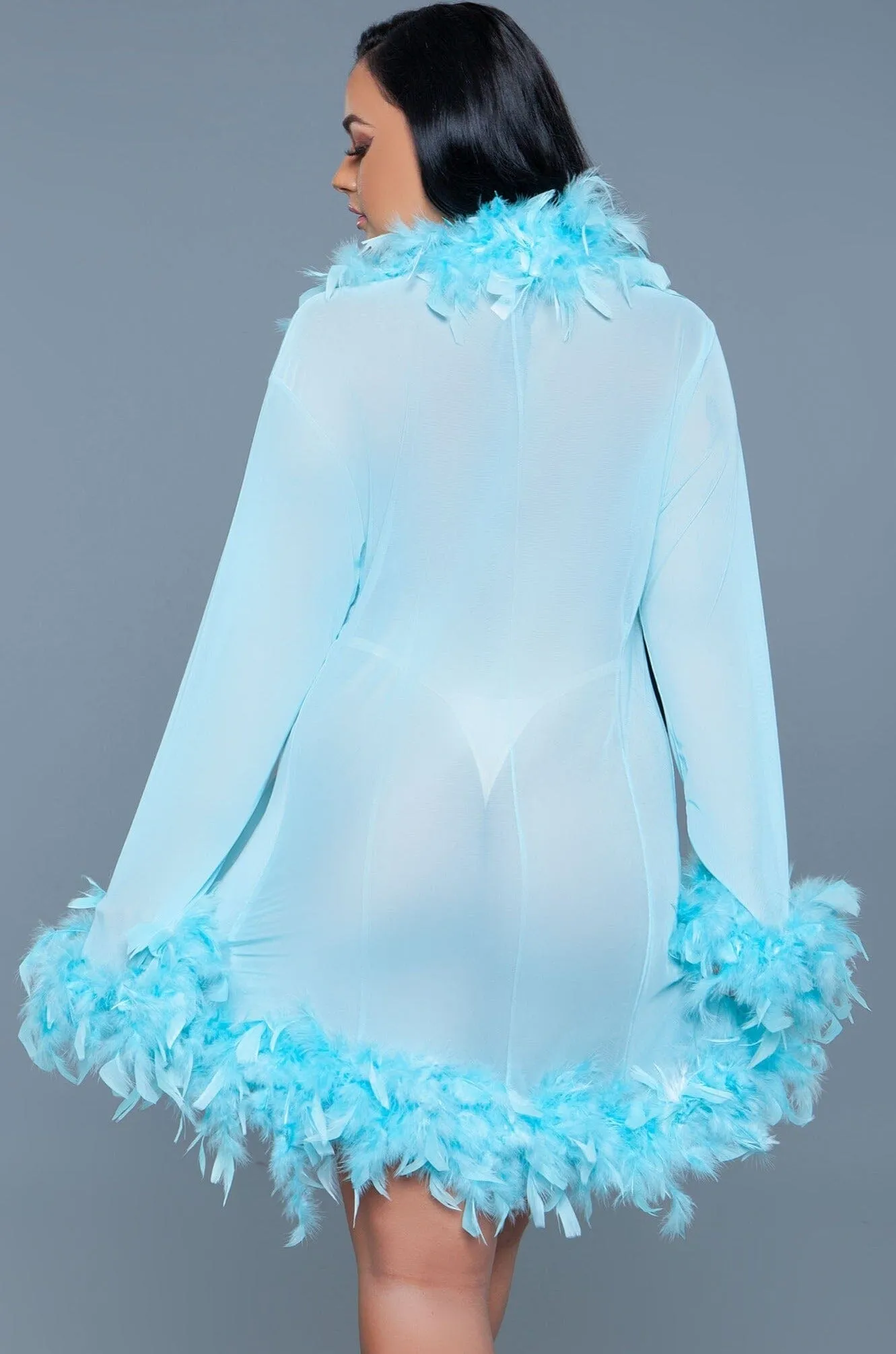 Knee Length Feather Robe With Ribbon Ties