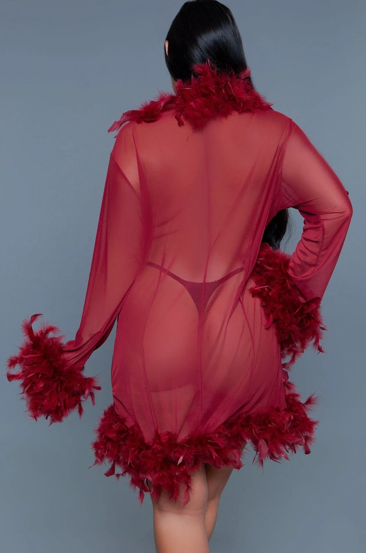 Knee Length Feather Robe With Ribbon Ties