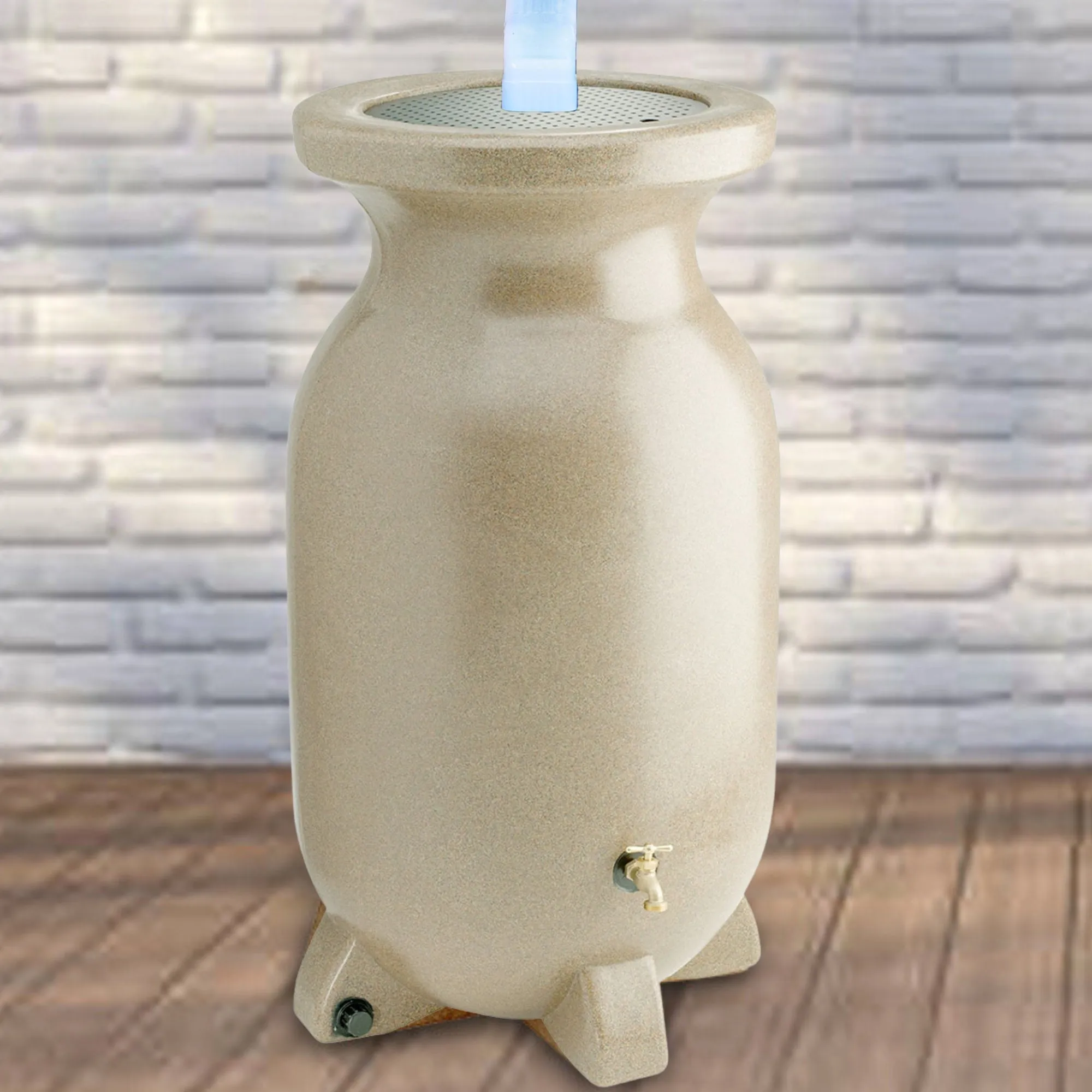 Koolscapes 75 Gallon Rain Barrel | Sandstone-Look Rainwater Collection Urn | Outdoor Water Catcher & Storage | Sustainable Watering For Lawn Plants & Gardens | Brass Spigot | Recycled Plastic | Beige