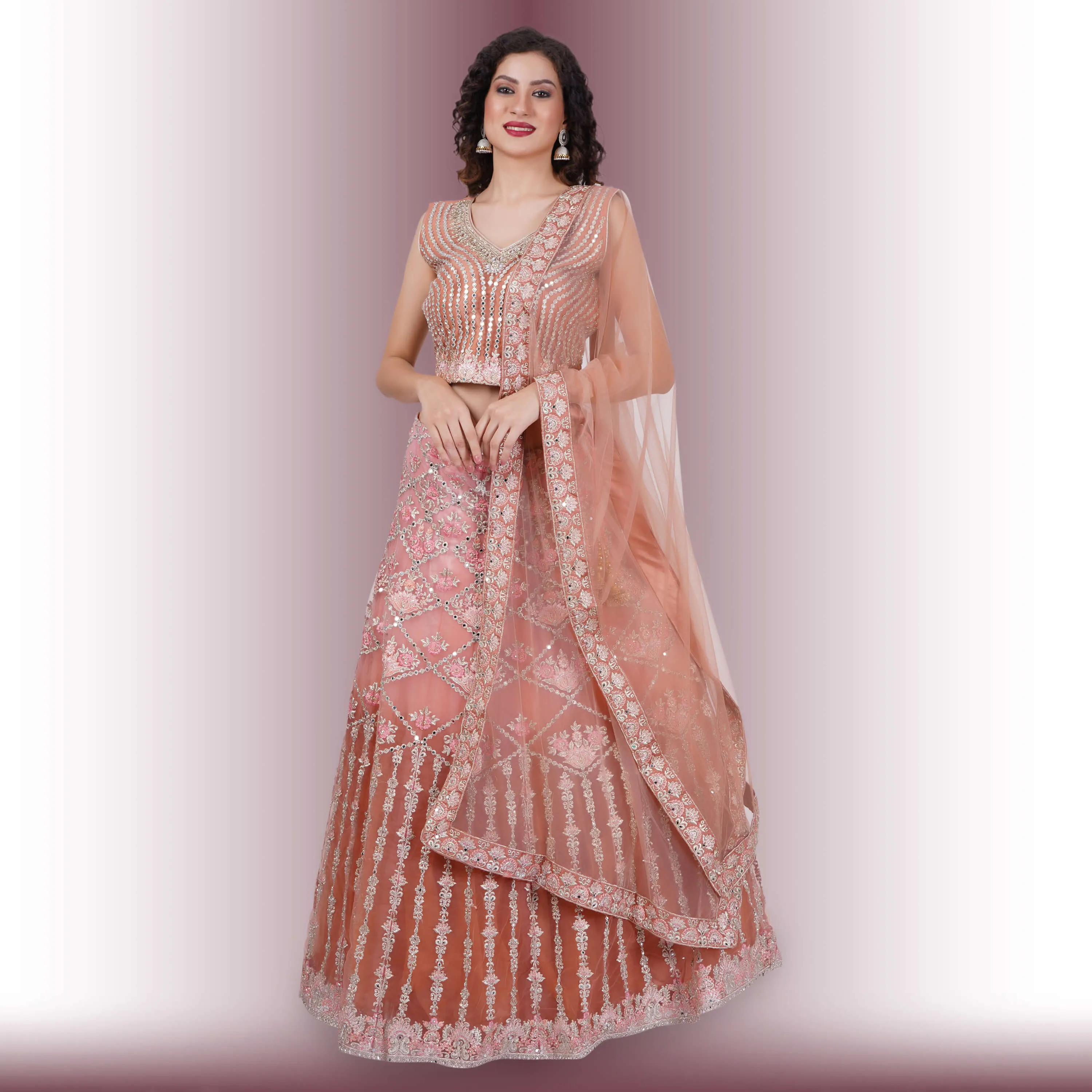 Mirror Work Lehenga in Ombre Biege