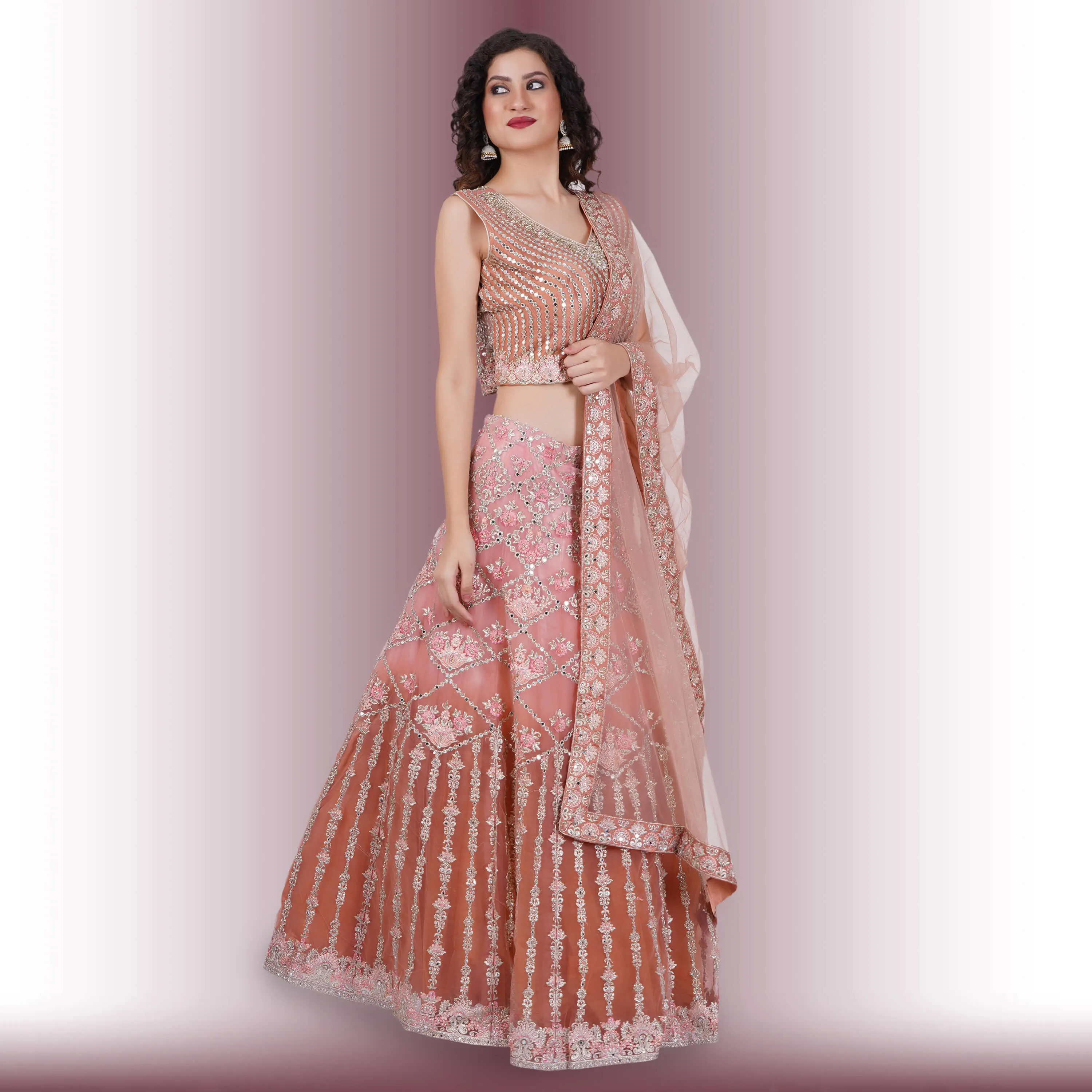 Mirror Work Lehenga in Ombre Biege