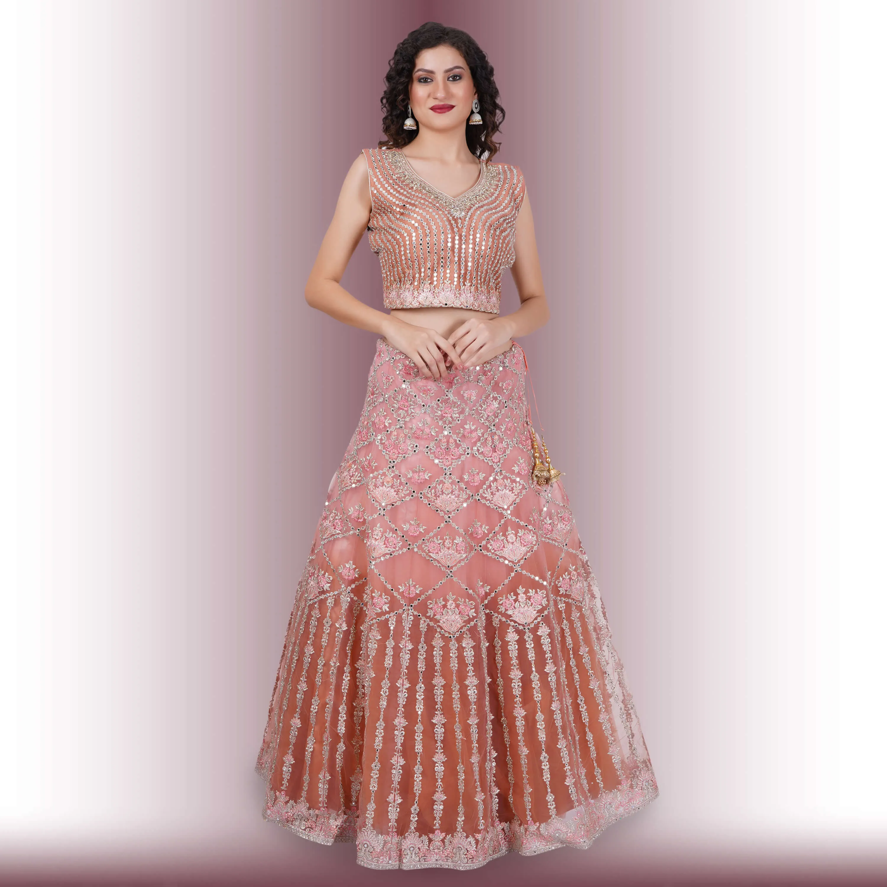 Mirror Work Lehenga in Ombre Biege