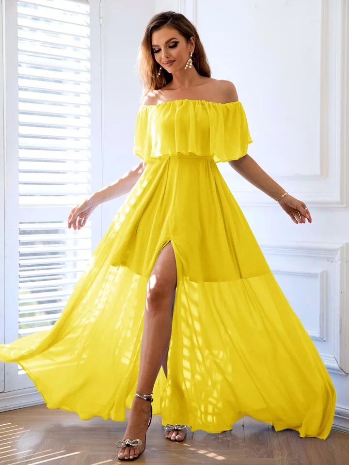 Off shoulder ruffle trim split thigh chiffon dress in yellow