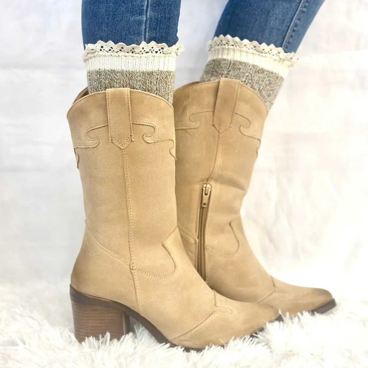 ORGANIC  lace boot socks TALL - taupe