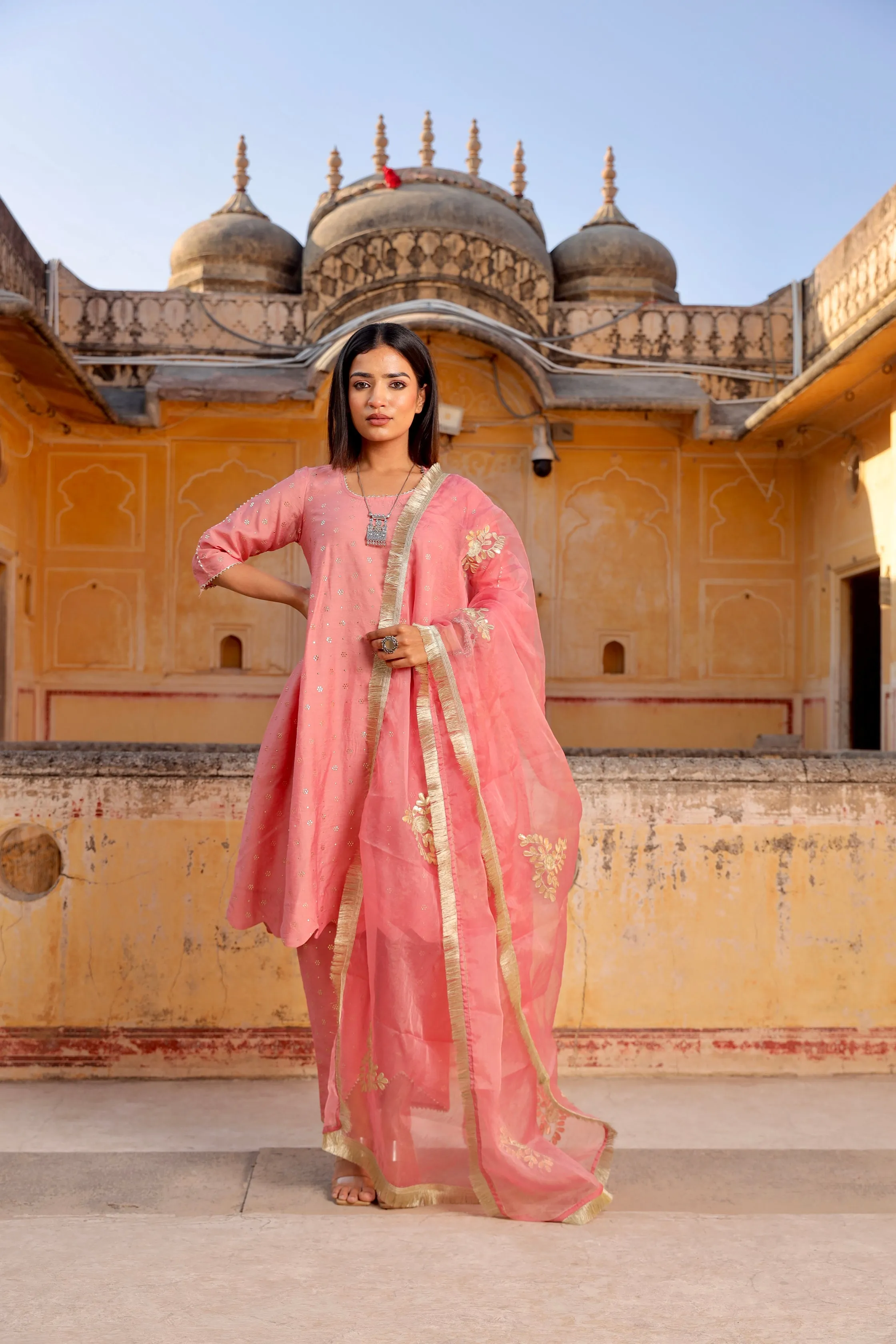 pink Mukaish work chanderi scalloped kurta set