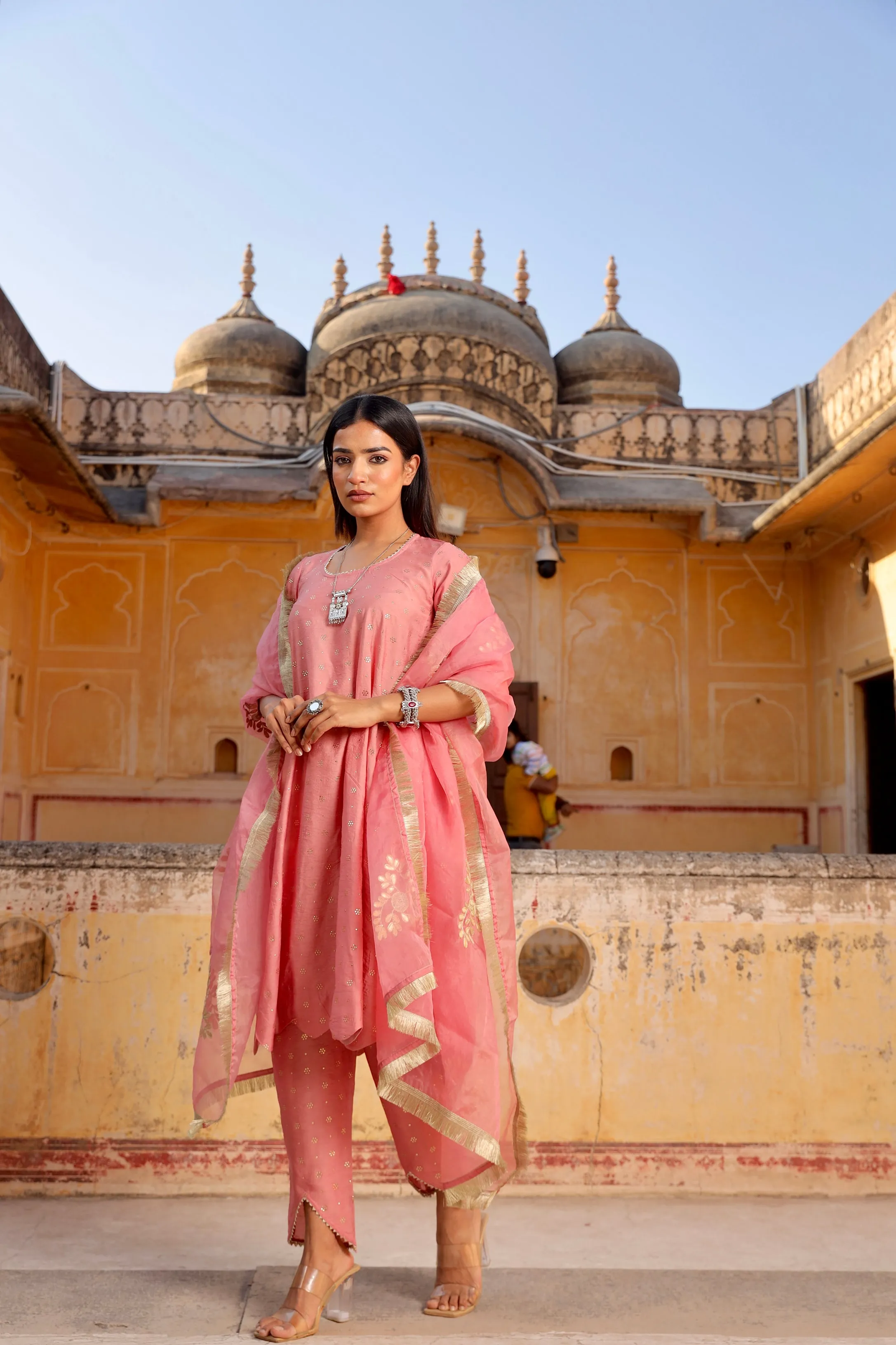 pink Mukaish work chanderi scalloped kurta set