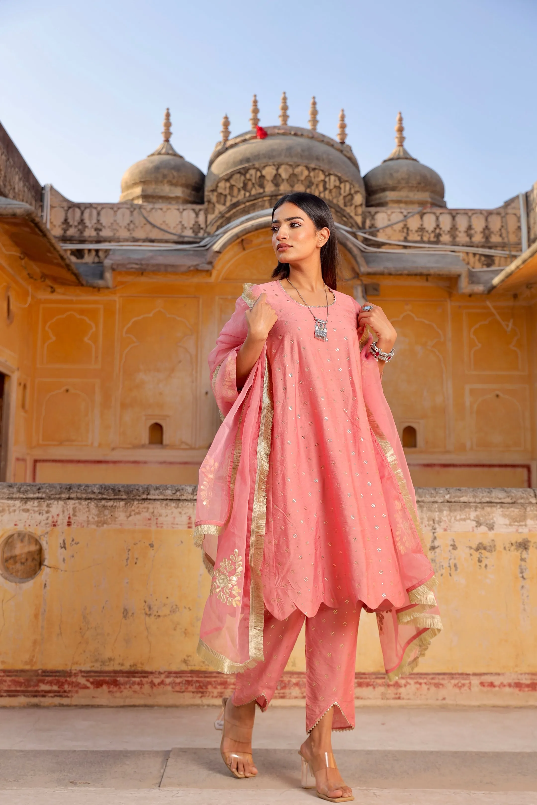 pink Mukaish work chanderi scalloped kurta set