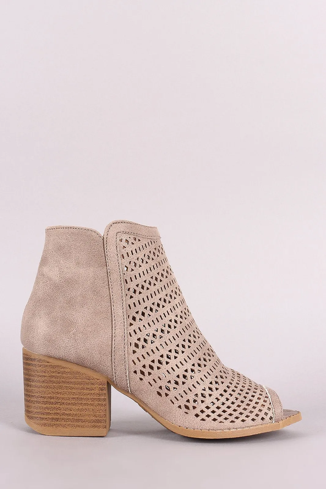 Qupid Perforated Peep Toe Chunky Heeled Ankle Boots